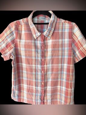 Women's Cabin Creek short sleeve button up plaid shirt in pink, blue and white.